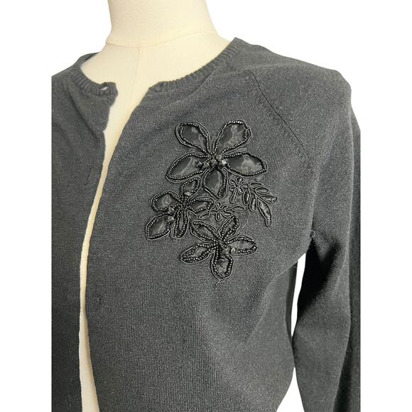 Cardigan Sweater Black Beaded Floral Cropped Knit Top Missing Buttons - Picture 4 of 7